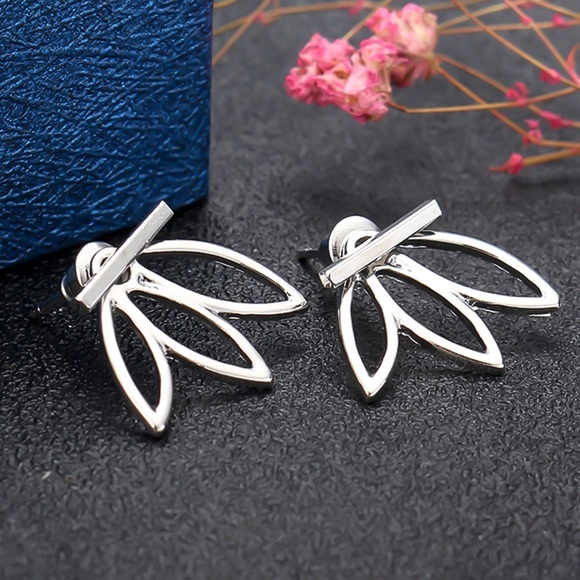 Silver Bar Stud w/Lotus Flower Jacket Earrings - Picture 2 of 8